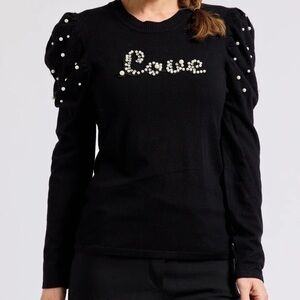 On Twelfth Womans SZ M Sweater Black with Pearl Embellishment Puff Sleeve